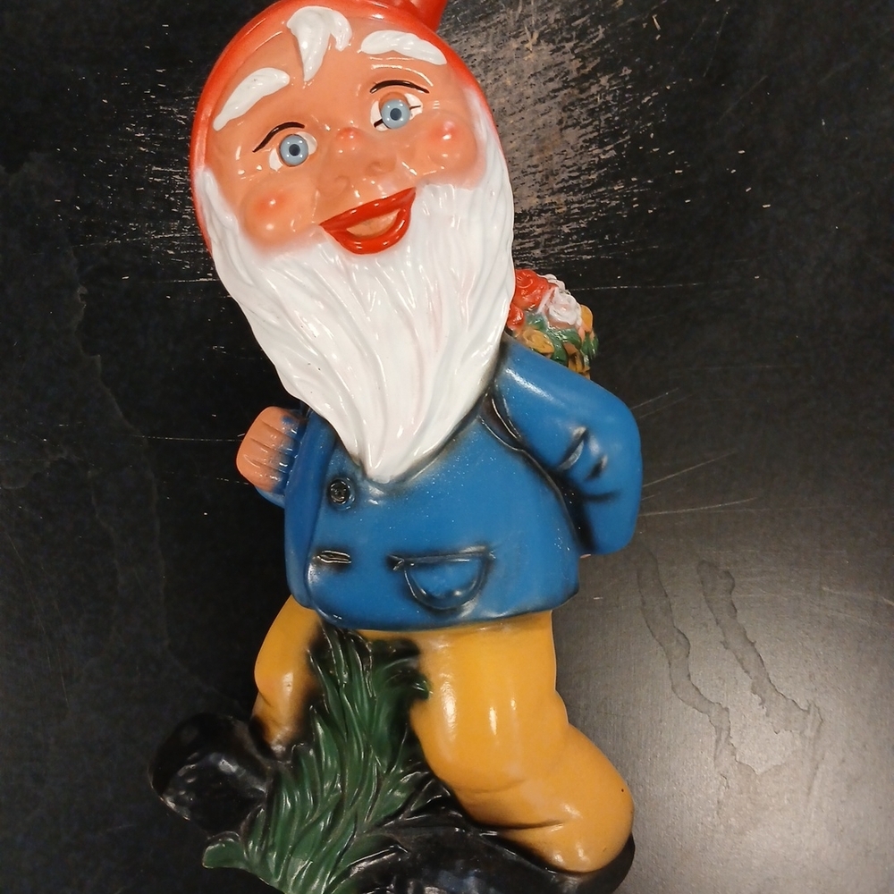 Garden Gnome Figurine - Blue and Red Vtg Decor EUC Hard Plastic Colorful
